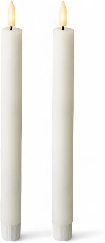 MIJOMA Vela LED de cera con llama realista, temporizador y alimentación por batería, Vela LED para interiores con luz blanca cálida, Aspecto natural (blanco nieve - superficie lisa, Ø2cm x 24cm) — Luces Navidad
