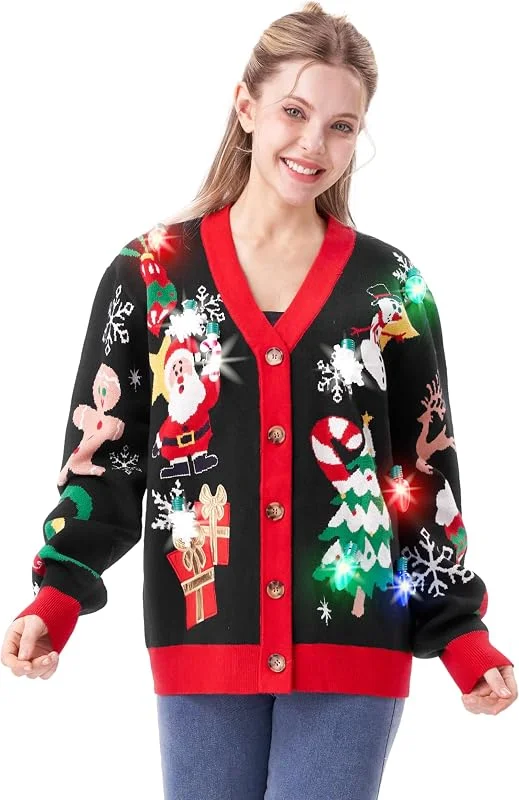 Giggling Getup - Cárdigan Feo para Mujer, suéter de Reno con luz navideña — Ropa Navidad
