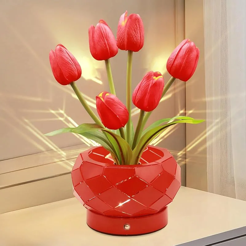 JHXLAMP Regalos de cumpleaños para mujeres, lámpara de flores de tulipanes, lámpara táctil, luces alimentadas por pilas, luz nocturna pequeña de atenuación de 3 colores, regalos para mamá para el día — Cena a la luz de velas