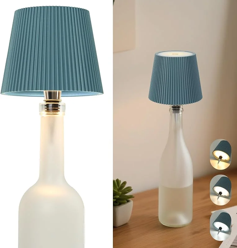 Beaeet Lámpara Botella Inalámbrica LED Sin Cable Color Azul Turquesa, Control Táctil 3 Colores Regulable, USB-C Recargable, Decorativa Portátil para Hogar Terraza Camping, Regalo Ideal — Cena a la luz de velas
