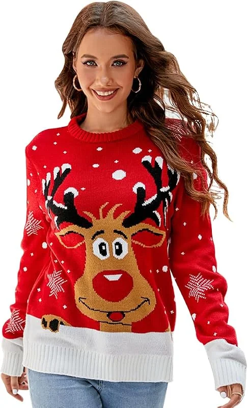 Odizli Jersey de Navidad para mujer Ugly Christmas Sweater manga larga Navidad corzo alce otoño invierno cálido suéter de punto — Ropa Navidad