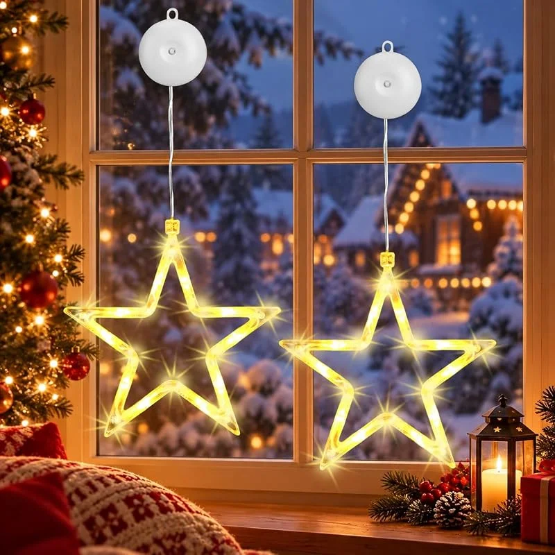 Kimuwote Cortina Luces Navidad, 2 piezas 10 LED Cortina Luces Estrella a Pilas, con Temporizador, Blanco Calido, Decoración para Interior Exterior Navidad Fiesta — Decoracion Navidad
