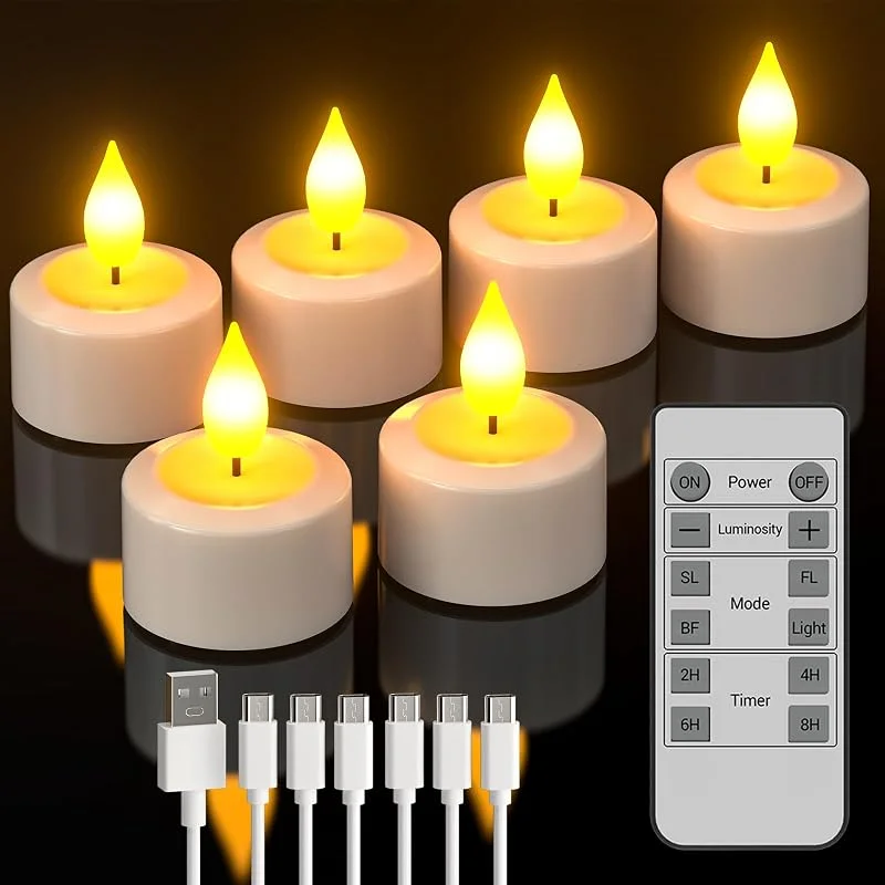 Visita la tienda de SoulBay SoulBay 6 velas de té recargables parpadeantes con mando a distancia y función de temporizador, velas LED recargables con cable USB para habitaciones, decoración estacional de Halloween y Navidad — Luces Navidad