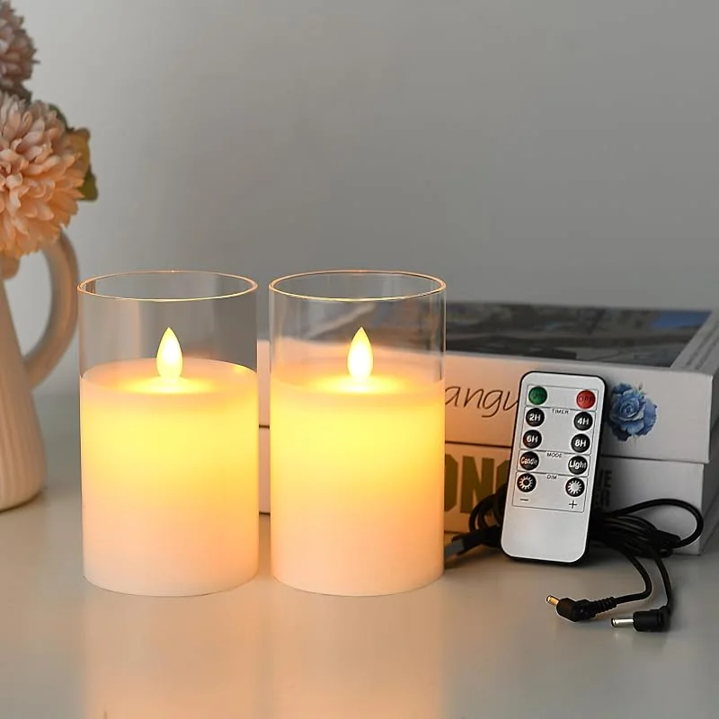 Lonkenn Pack de 2 Recargable Velas LED, Funciona con Pilas Velas con Blanco Vidrio Efecto, USB Vela con Temporizador y Mando a Distancia, Para Navidad, Pascua, Fiestas, Bodas, Cumpleaño, 10cm — Cena a la luz de velas