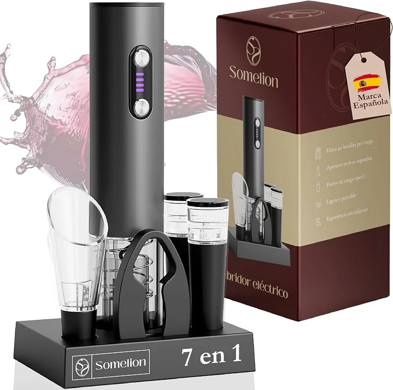 Somelion Sacacorchos Eléctrico Recargable USB-C, Abridor de Vino 7 en 1 — Vino y mesa festiva