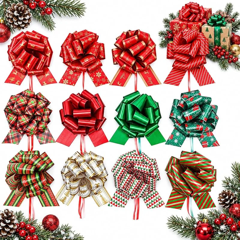 BIVYAX 12 Lazos para Regalo Navidad, Lazos de Tirar 12 cm con 12 Diseños, Lazos para Envolver Regalos, Decoración para Cajas, Paquetes y Regalos de Navidad — Envoltorio regalo
