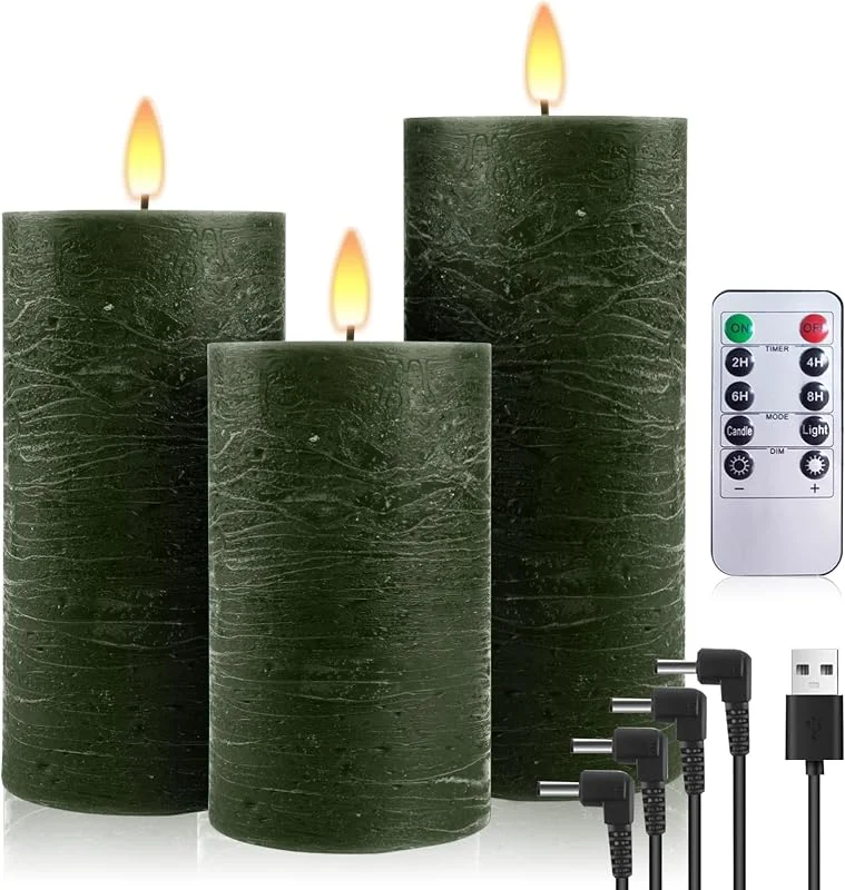 PinnWaa Velas LED Recargables 3 Piezas, Cera Real, Efecto Llama 3D, Verde — Cena a la luz de velas