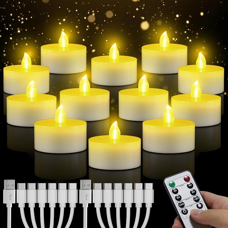 daphomeu Velas de té LED recargables, 12 unidades, sin llama, velas LED con mando a distancia, función de temporizador, recargables por USB, velas eléctricas para bodas, Halloween, Navidad, decoración — Luces Navidad