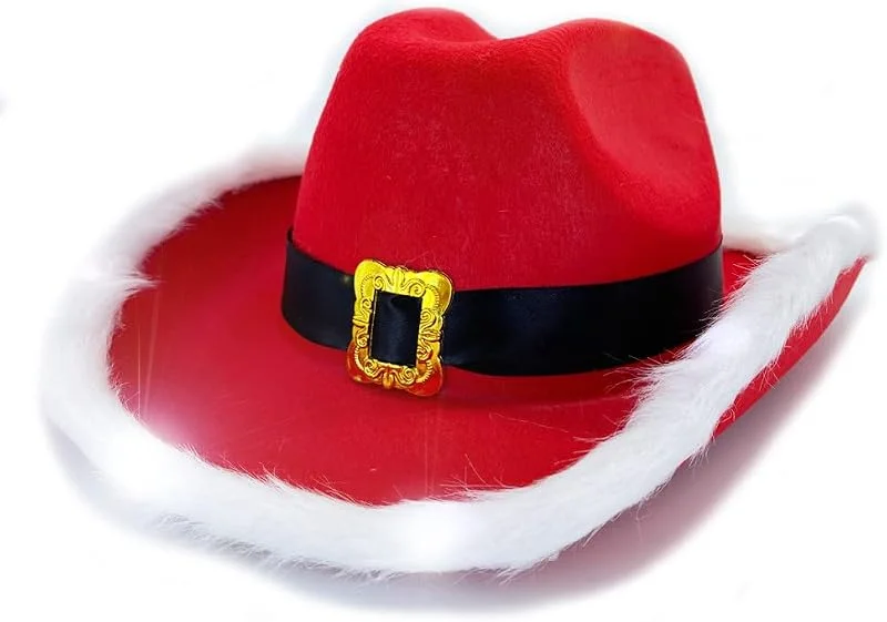 LEEMASING Sombrero de Navidad con luces LED intermitentes de vaquero rojo de Papá Noel para vacaciones occidentales, accesorios de disfraz de Halloween, utilería, cosplay, decoraciones de vacaciones — Ropa Navidad