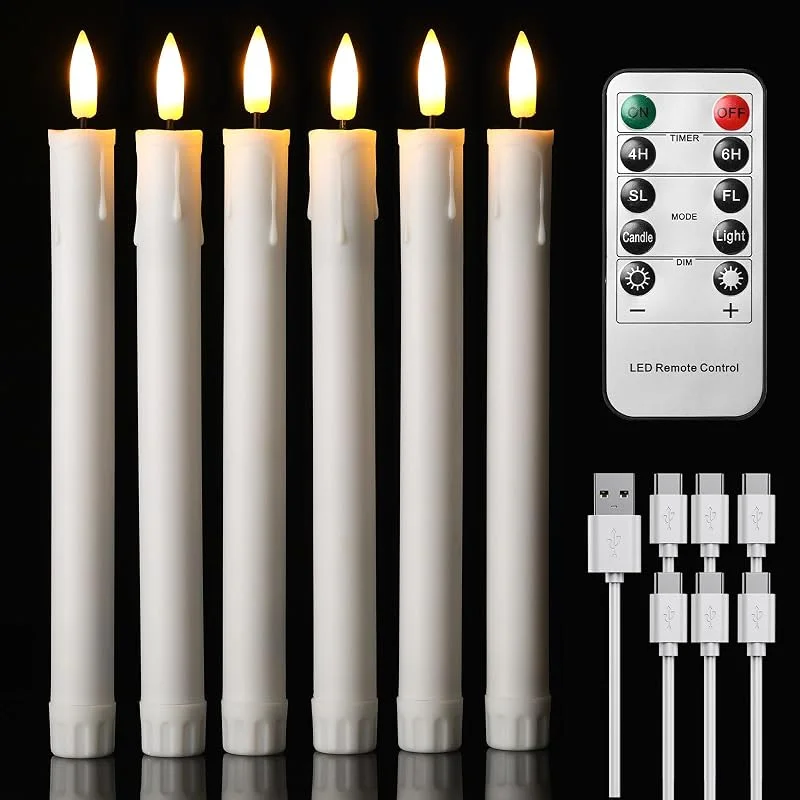 EXTSUD - Juego de 6 velas largas LED sin llama, con mando a distancia, velas de ventana LED recargables 22 cm, color blanco, decoración para Navidad, boda, fiestas, banquetes — Cena a la luz de velas