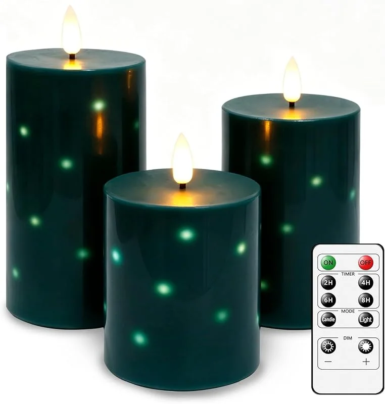 Visita la tienda de AiiBowy 3 Piezas Velas LED con Guirnalda de Luces, Vela a Pilas con Mando a Distancia y Temporizador, Cera Real, Vela LED Decorativa Sin Llama para Bodas, Fiestas, Festival (Verde Navidad) — Luces Navidad
