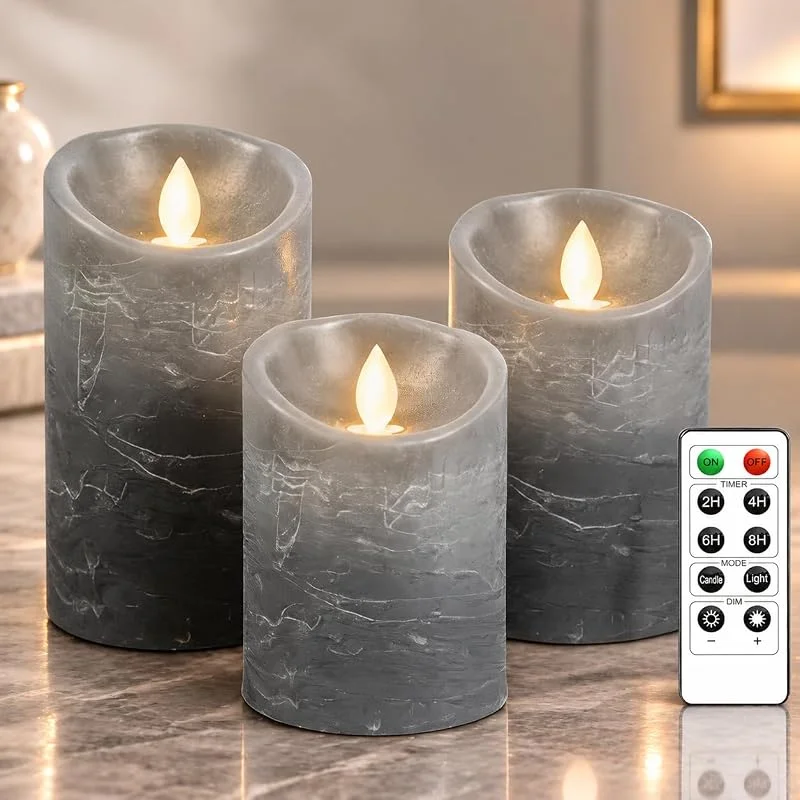 PinnWaa Velas LED 3 Piezas, Cera Real, Control Remoto y Temporizador, Gris — Luces Navidad