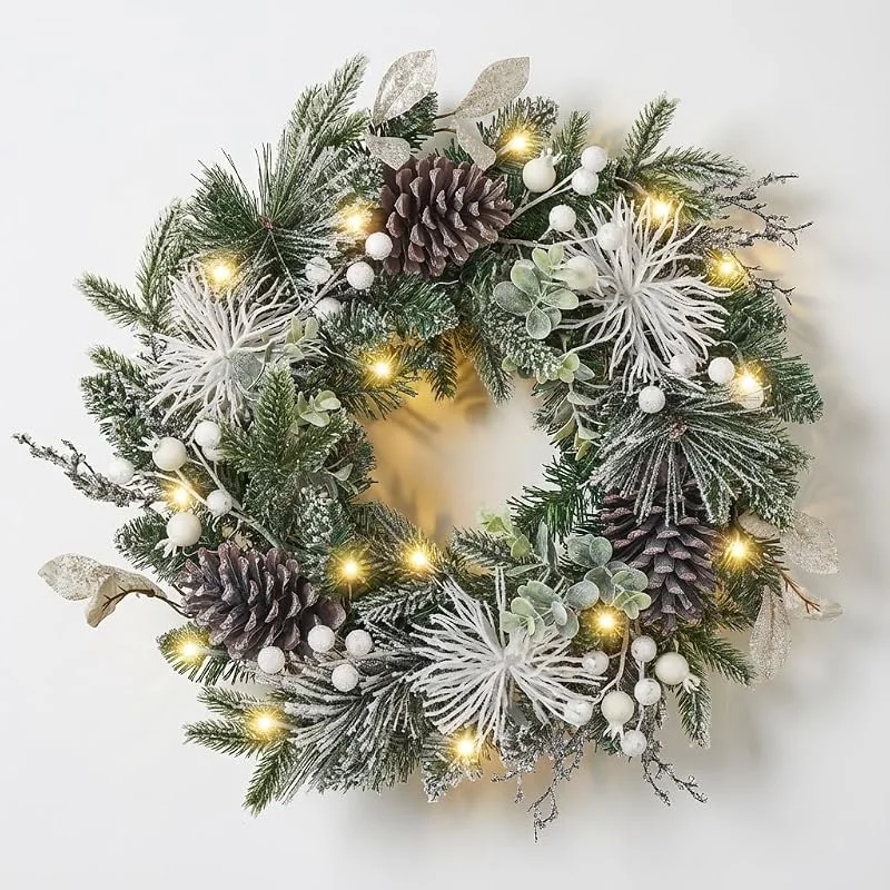 Visita la tienda de Valery Madelyn Valery Madelyn 18 Inch, 46cm Corona de Navidad para la Puerta con 20 Luces LED, Guirnalda de Puerta con Conos de Pino y Bayas, Decoración Navideña Blanco Plata con Función de Temporizador — Decoracion Navidad