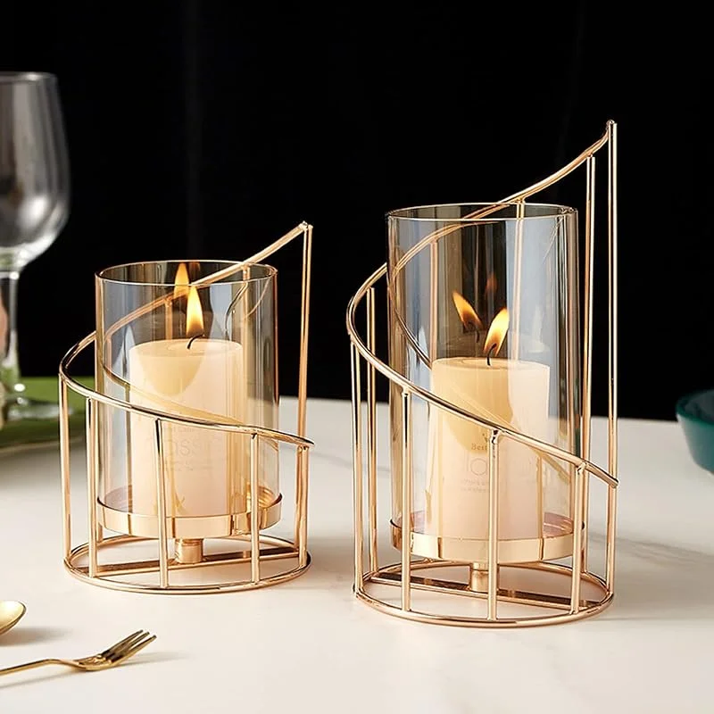 MrMrKura Juego de 2 portavelas de Alambre de Metal, portavelas de Pilar de Vidrio, portavelas Decorativos Dorados para decoración del hogar, decoración de Mesa, Centro de Mesa (Espiral) — Cena a la luz de velas