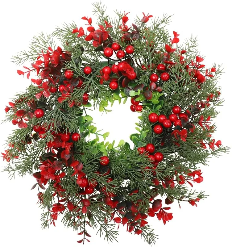 VICASKY 1 guirnalda artificial realista para decoración de Navidad, corona de bayas rojas, corona roja para puerta delantera, corona de flores artificiales, colgante de fiesta de feliz Navidad, rama — Decoracion Navidad