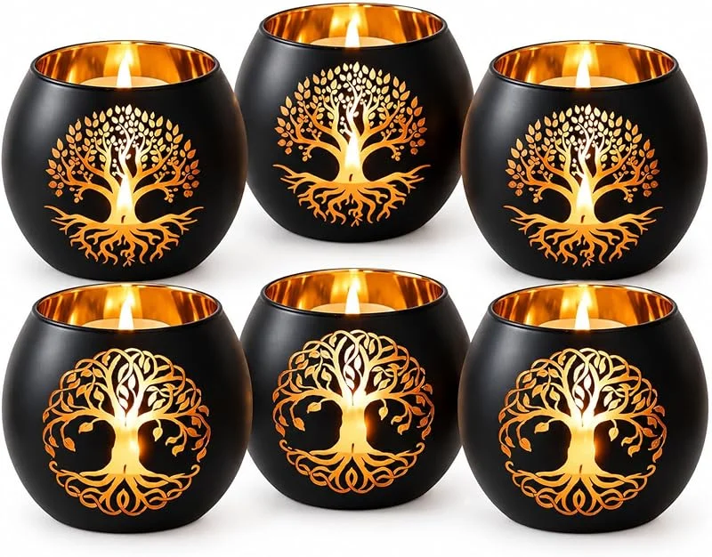 MELORIS Juego de 6 portavelas con diseño del árbol de la vida, portavelas de cristal, resistente chapado en oro, decoración espiritual, regalo para mujeres y hombres, para decoración de mesa, salón — Cena a la luz de velas