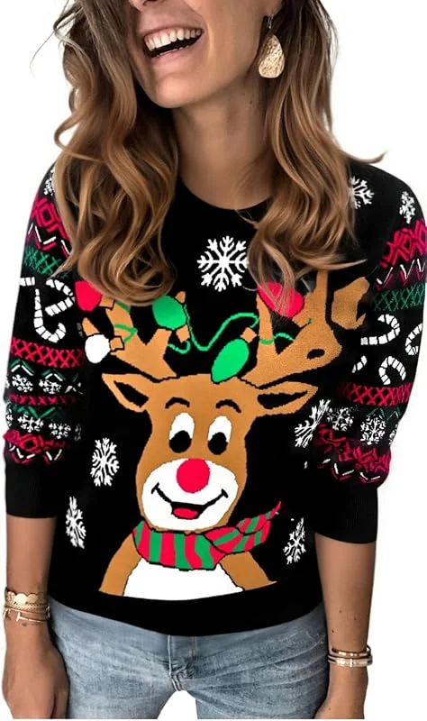 Visita la tienda de Marvmys Marvmys Jersey Navideño Mujer Invierno Navidad Ugly Sweater Manga Larga Suéter Ropa Punto Reno Monigote Nieve Cuello Redondo — Ropa Navidad