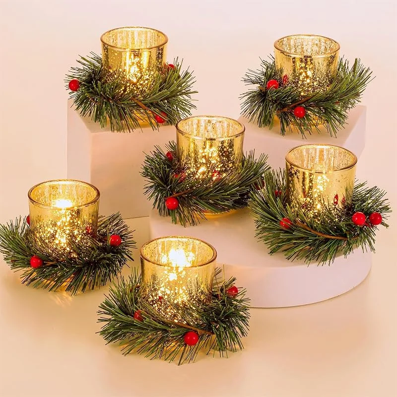 Glasseam Portavelas De Navidad De Cristal: Candelabro De Té Dorado, con Guirnaldas De Velas, Juego De 6 Candelabros De LáMparas De Té para Decorar El Candelabro De VotacióN En La Mesa De Navidad — Decoracion Navidad