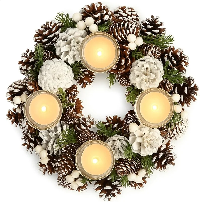 Visita la tienda de com-four COM-FOUR® Corona de Mesa para Navidad -Corona de Adviento Blanca con Conos — Decoracion Navidad