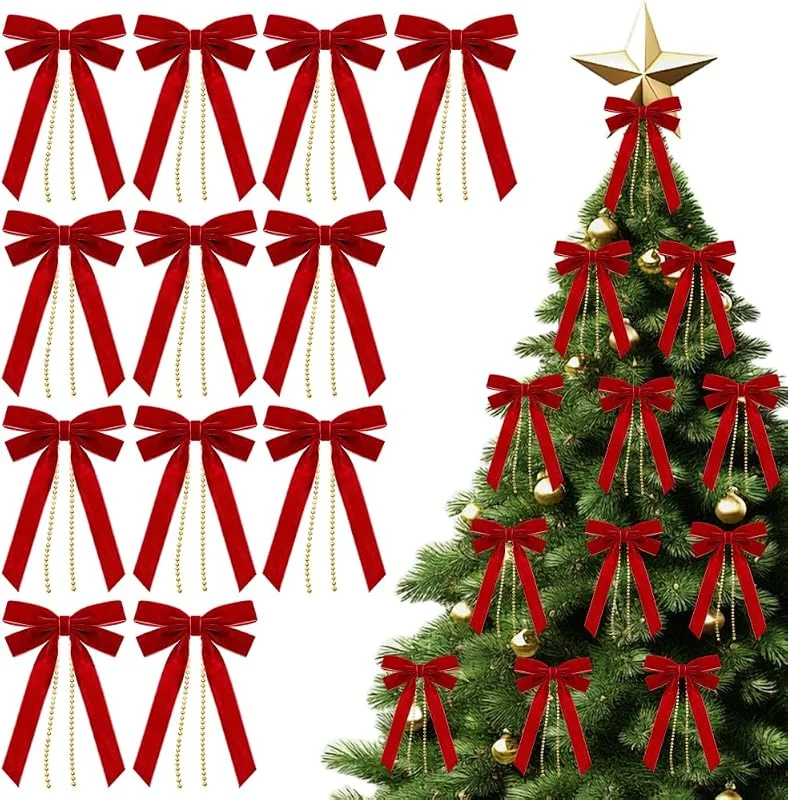 MiOYOOW Lazos de terciopelo de Navidad con cadena de perlas, 12, 24 adornos — Envoltorio regalo