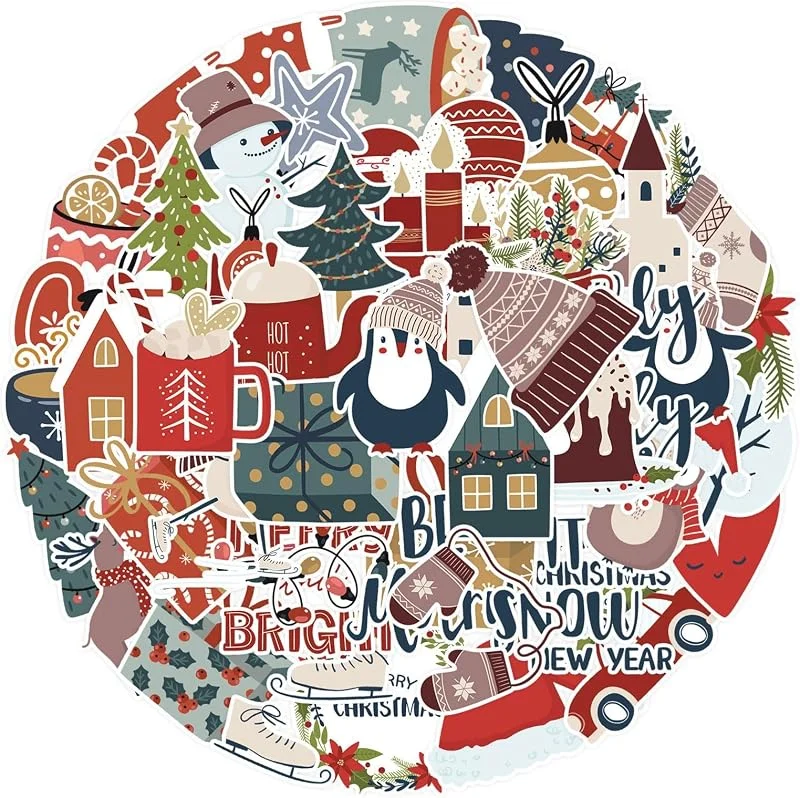 Yamobi Juego de 100 pegatinas navideñas, impermeables, 50 estilos, para álbumes de recortes, álbumes de fotos, portátiles, botellas de agua — Envoltorio regalo