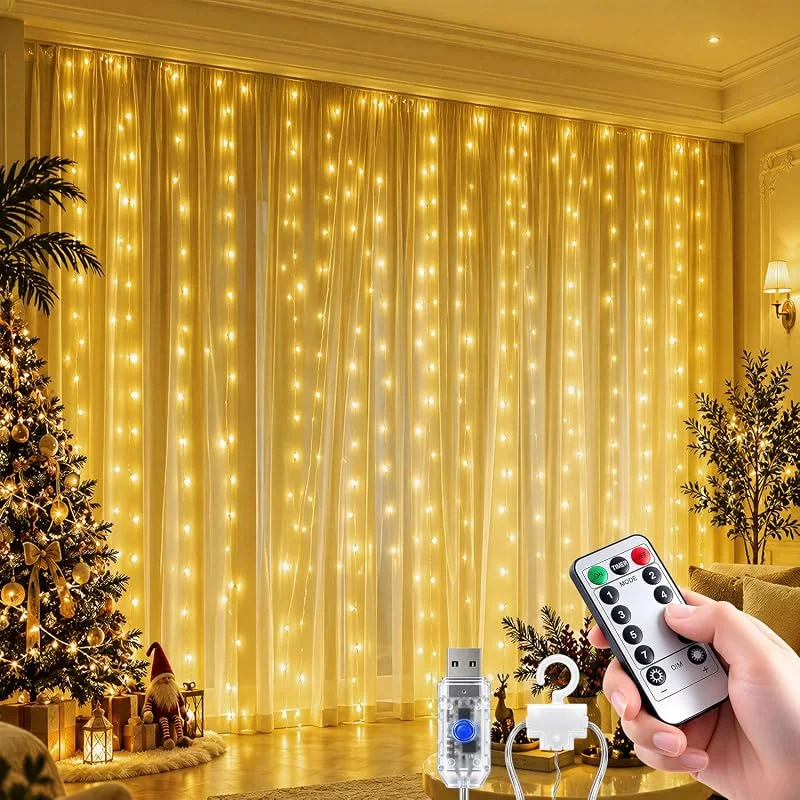 sukaudiz Cortina de Luces Navideñas, 3 x 3 m, 300 LED Cortina Luces con 8 Modos, Mando a Distancia, Temporizador, Alimentación USB, IP65 Impermeables Luces Decorativas para Navidad, Bodas, Interiores, Exteriores — Luces Navidad