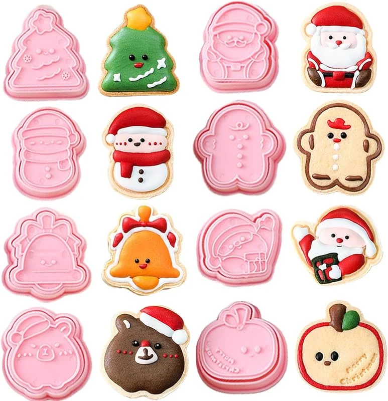 SSKHE Juego de 8 cortadores de galletas de Navidad, sellos de silicona prensables 3D, hombre de jengibre, reno, muñeco de nieve, bastón, copo de nieve, árbol de Navidad, Papá Noel para hornear y hacer — Hogar y cocina