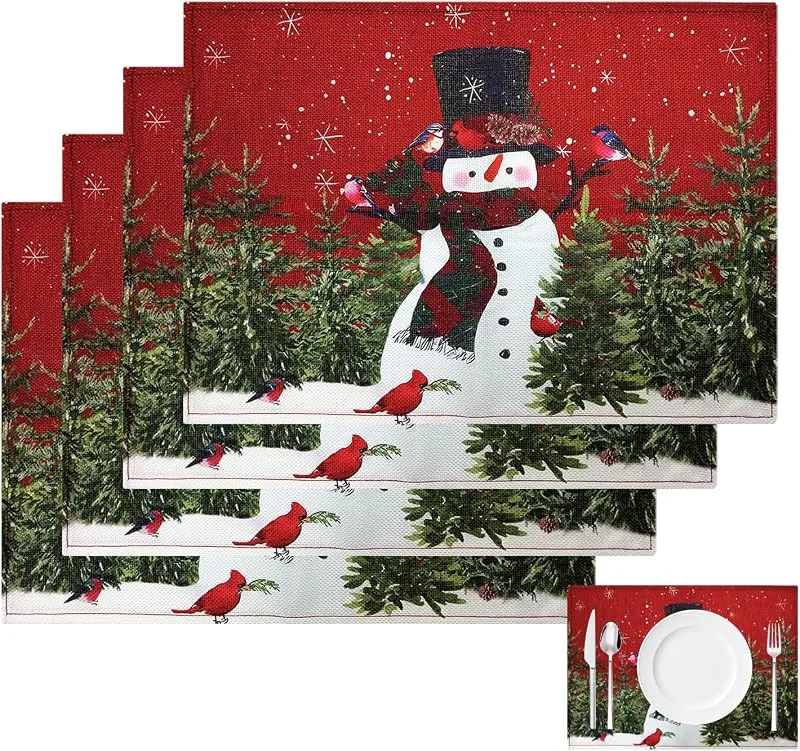 Wvxilyr Set de 4 Manteles Individuales de Navidad con Diseño de Muñeco de Nieve, Color Rojo y Verde, 30 x 45 cm, Manteles Lavables para Decoración de Cocina, Mesa de Comedor y Fiestas — Hogar y cocina