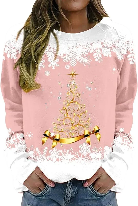 tacniseyw Suéter de Navidad para mujer, diseño de copo de nieve, árbol de Navidad, sudadera de manga larga, cuello redondo, camiseta fea de invierno de gran tamaño, camisetas gráficas novedosas — Ropa Navidad