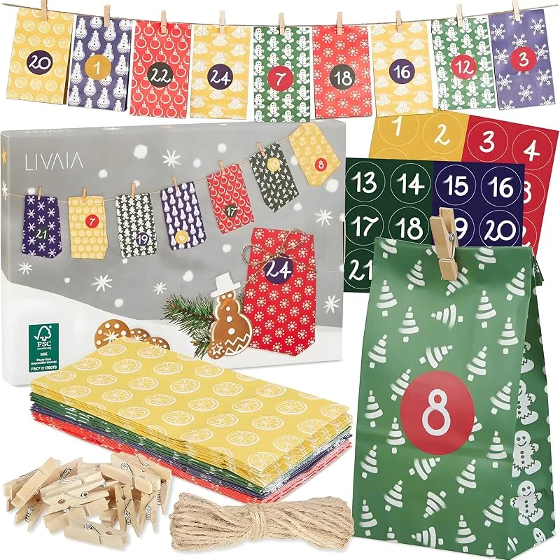 LIVAIA Calendario de Adviento para Rellenar DIY 2025 - Incluye 24 Bolsas Reutilizables, Pegatinas Numeradas y Pinzas de Madera - Calendario de Adviento Artesanal LIVAIA para Decoración Navideña — Adviento y mesa
