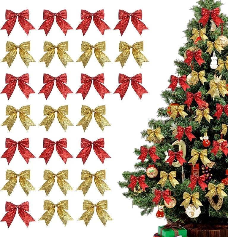 BSITSSS 24 Piezas Lazos Navidad, Rojo Dorado Arcos Navideños con Purpurina, Navidad Lazos para Regalo Árbol Navidad Fiestas Puerta Corona Decoración de Bodas — Decoracion Navidad