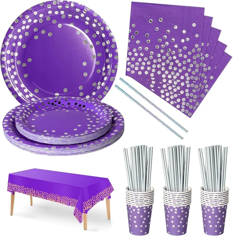 Nkaiso 126 Piezas Morado Plata Vajilla Fiesta Platos Papel Vasos — Adviento y mesa