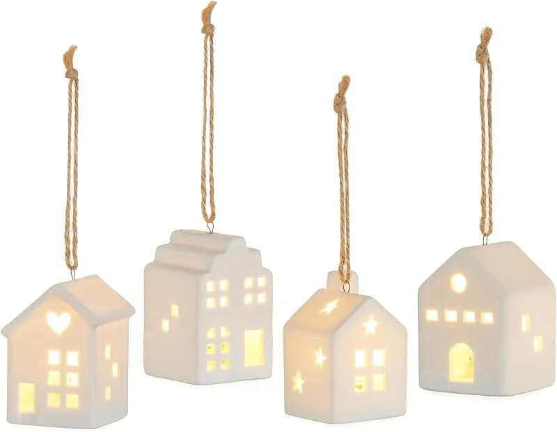 Staymoment Adornos para árbol de Navidad, set de 4 casas LED blancas con iluminación, cerámica, pueblo navideño con luces, pequeño adorno navideño, decoración para Navidad — Decoracion Navidad
