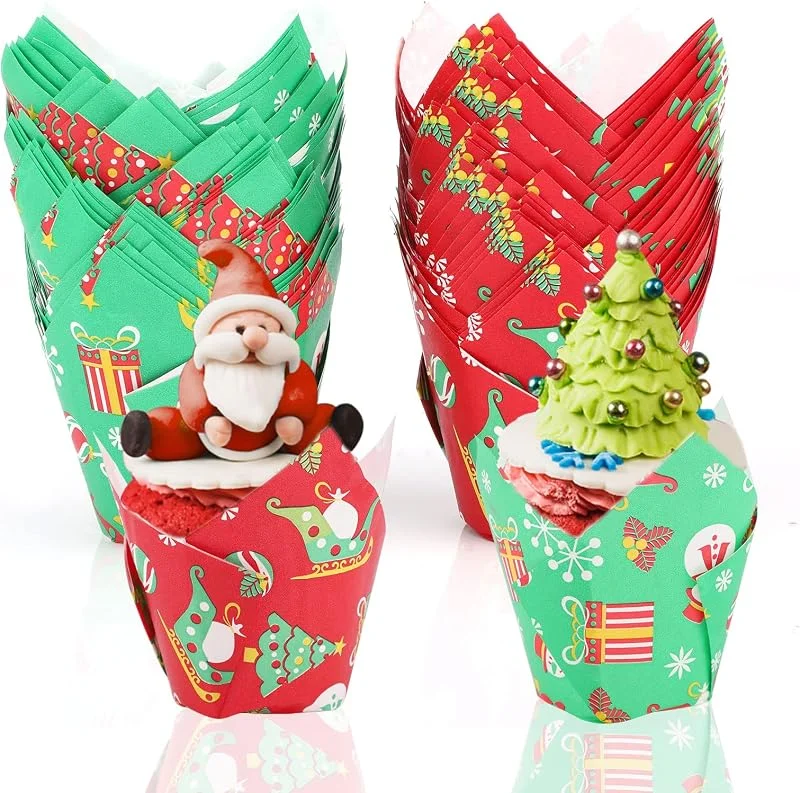 TSLBW 100 Envoltorios de Navidad para Cupcakes - Decoración de Tulipanes con Árbol y Muñeco de Nieve para Postres de Fiesta Navideña — Hogar y cocina