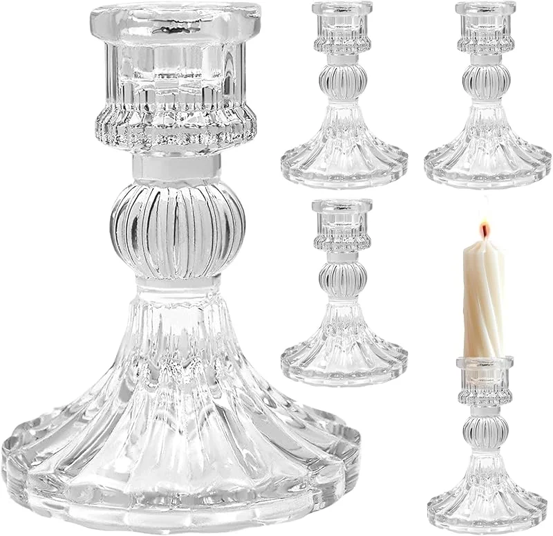 Uryxery Portavelas Cristal 4 Piezas, Portavelas de Vidrio para Velas Cónicas y Mesa — Cena a la luz de velas
