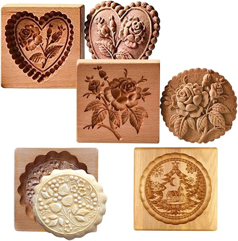 YANGSHINE 4 Moldes de Madera Tallados para Galletas - Sellos y Cortador 3D - Divertido Molde de Prensa Con Estampado de Flores para Hornear — Hogar y cocina