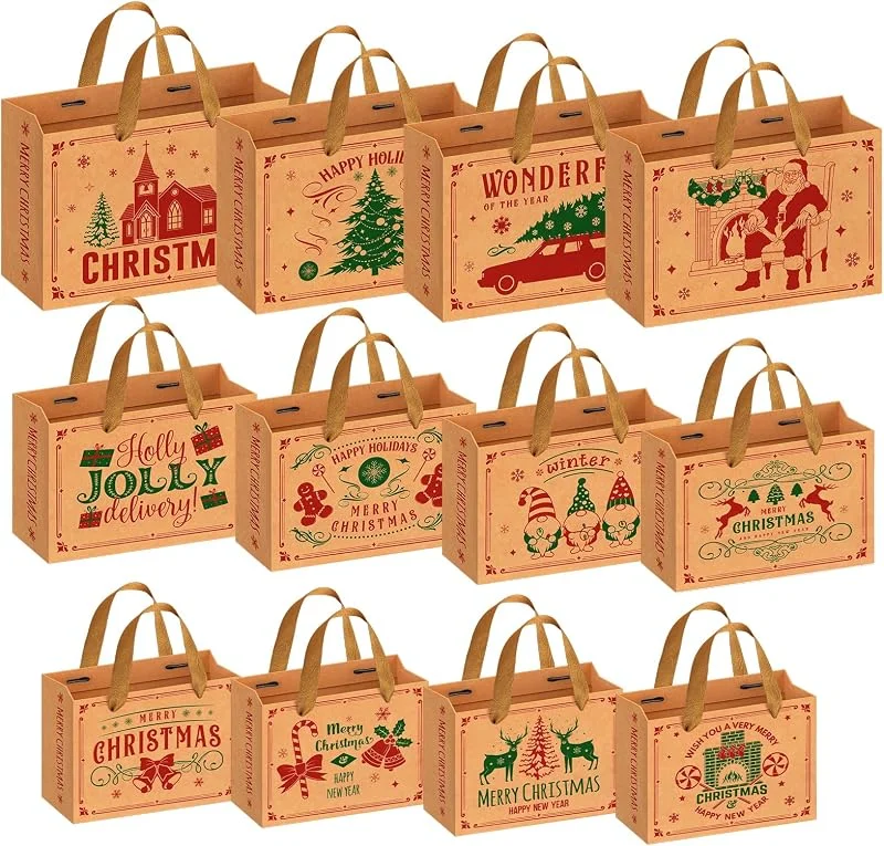 Hretvoi 12 Piezas Bolsas Regalo Navidad, Grandes Medianas Pequeñas Diferentes Tamaños Bolsa de Papel Kraft con Asas, Bolsas para Regalos Reutilizable, Saco Presente Natal (33x11x23cm, 28x10x20 cm, 23x9x18cm) — Envoltorio regalo
