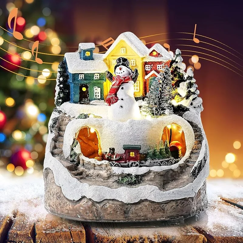 Auniq Pueblo Navideño con Luz LED y Música, Escena navideña LED pueblo nevado con tren giratorio, Adorno de casa de pueblo Estatua de resina Decoraciones navideñas iluminadas regalo para fiestas hogar — Decoracion Navidad