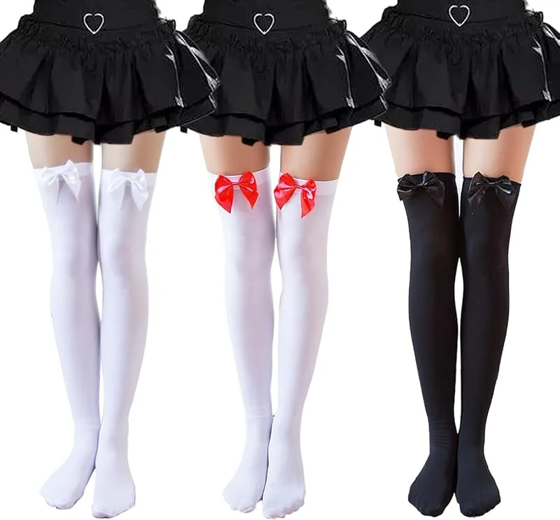 SYEYCW 3 Pares de Calcetines Con Lazos, por Encima de las Rodillas, Medias Elásticas, Accesorios de Cosplay, Adecuados para Botas y Uniformes, Valentín, Carnaval, Fiesta Navidad — Ropa Navidad