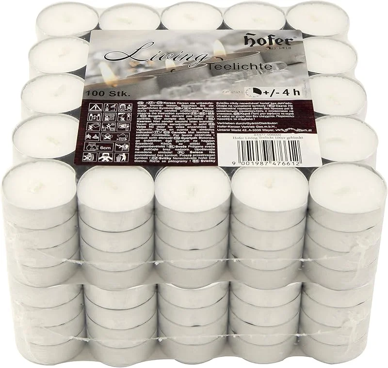 hofer gegr.1418 Hofer Velas de Té Tealights - 38 mm - Paquete de 200 piezas - 4 horas de tiempo de combustión - Color Blanco - Cera sin olor, Larga duración, Calidad de la UE — Cena a la luz de velas