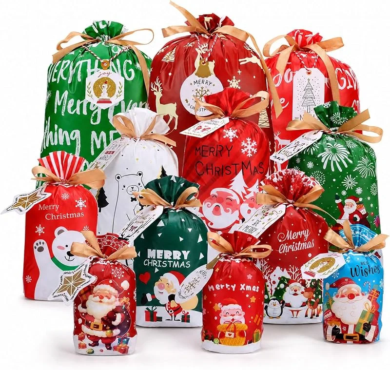 LEMESO 24 Bolsas Regalo Navidad con Etiquetas, 12 Estilos 4 Tamaños — Envoltorio regalo