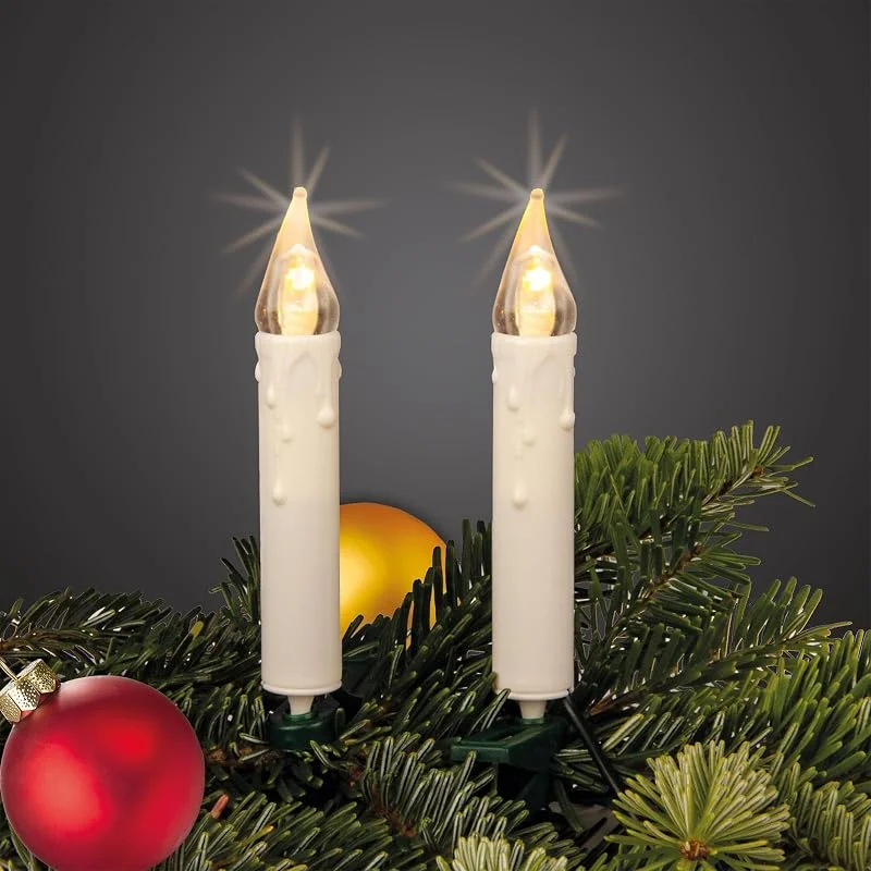 Visita la tienda de Hellum Hellum cadena de luces interior para árbol de Navidad, 20 velas LED blancas con gota, 5, 7 m iluminadas + 3 m de cable, cable verde, <59 lm, blanco cálido 560282 — Luces Navidad