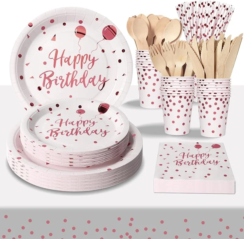 PYAILI Cumpleaños Vajilla de Fiesta, 193 Pcs Oro Rosa Blanco Vajilla — Adviento y mesa