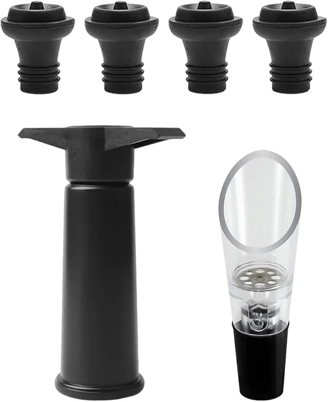 COACOM 1 Bomba De Aire para Botellas De Vino Tinto Al Vacío, Equipada con 4 Tapones Sellados Y 1 Vertedor De Vino, Que Mantiene El Sabor Fresco Y Los Accesorios Prácticos para Regalar En Casa. — Vino y mesa festiva