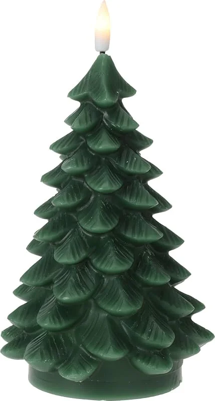 Self Import Agencies Árbol de Navidad LED con vela de 19 cm, poliresina verde oscuro, efecto de llama blanca cálida, funciona con pilas, función de temporizador, decoración interior ignífuga — Luces Navidad