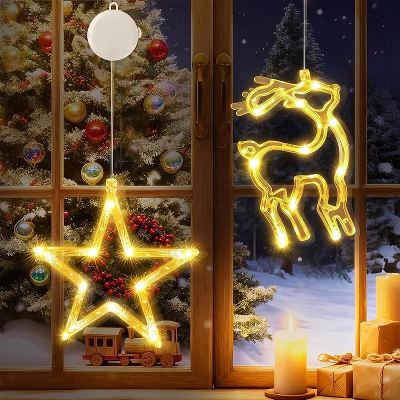 CNMTCCO Luces LED navideñas en forma de estrella para ventanas, paquete de 2 luces navideñas con temporizador, funcionan con pilas. Ideales para decoración y fiestas navideñas (Estrellas y renos) — Decoracion Navidad