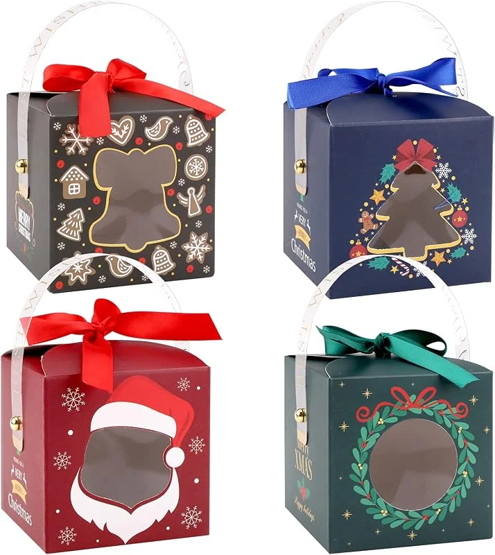 Hileyu 24 Piezas Cajas de Regalo Navidad con asa transparente y ventana cajas de papel navideñas Caja de dulces navideños Cajas de galletas navideñas con cinta para fiestas navideñas — Envoltorio regalo