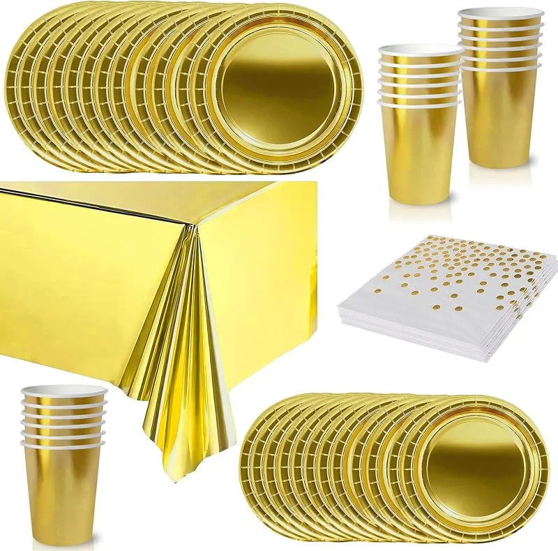 COSORO 65 piezas Juego de Vajilla Desechable Oro Foil, Platos Desechable Decoración Cumpleaños Fiesta Compostables, Platos Servilletas Biodegradable Copa de Papel y Mantel, para Bodas, Picnics, Baby Shower — Adviento y mesa