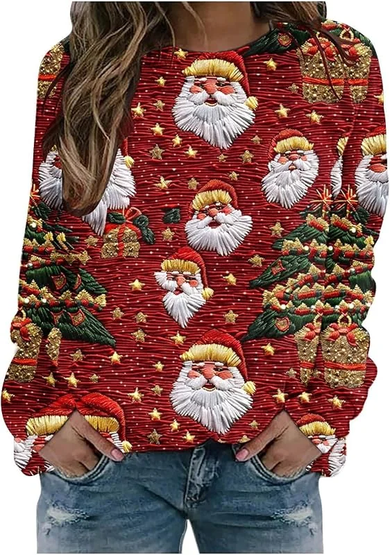 Generic HUIFUAO - Sudadera de Navidad para mujer, suéter feo de Navidad, suéter de Papá Noel, sin capucha, suéter para mujer, rosso, L — Ropa Navidad