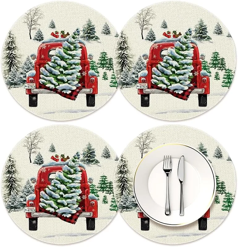 ZJILIXIA 4 Piezas Mantel Individual Redondo Navideño, Decoración De Mesa De Navidad, Manteles Individuales Lavables Redondos, Manteles Individuales De Lino, Decoraciones De Mesa De Navidad para Cena (G) — Hogar y cocina